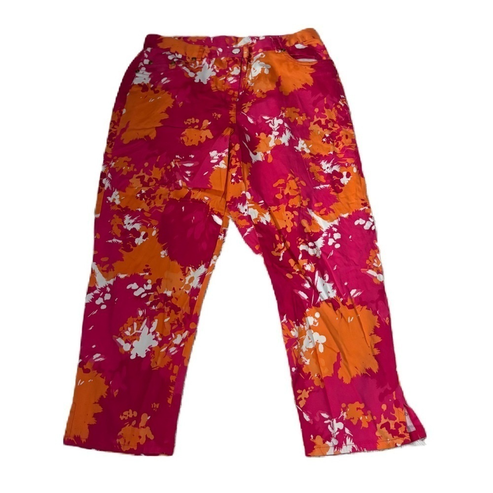 Ruby Rd. Vibrant Pink and Orange Floral Pants Sz 6 Paint Splash Splatter